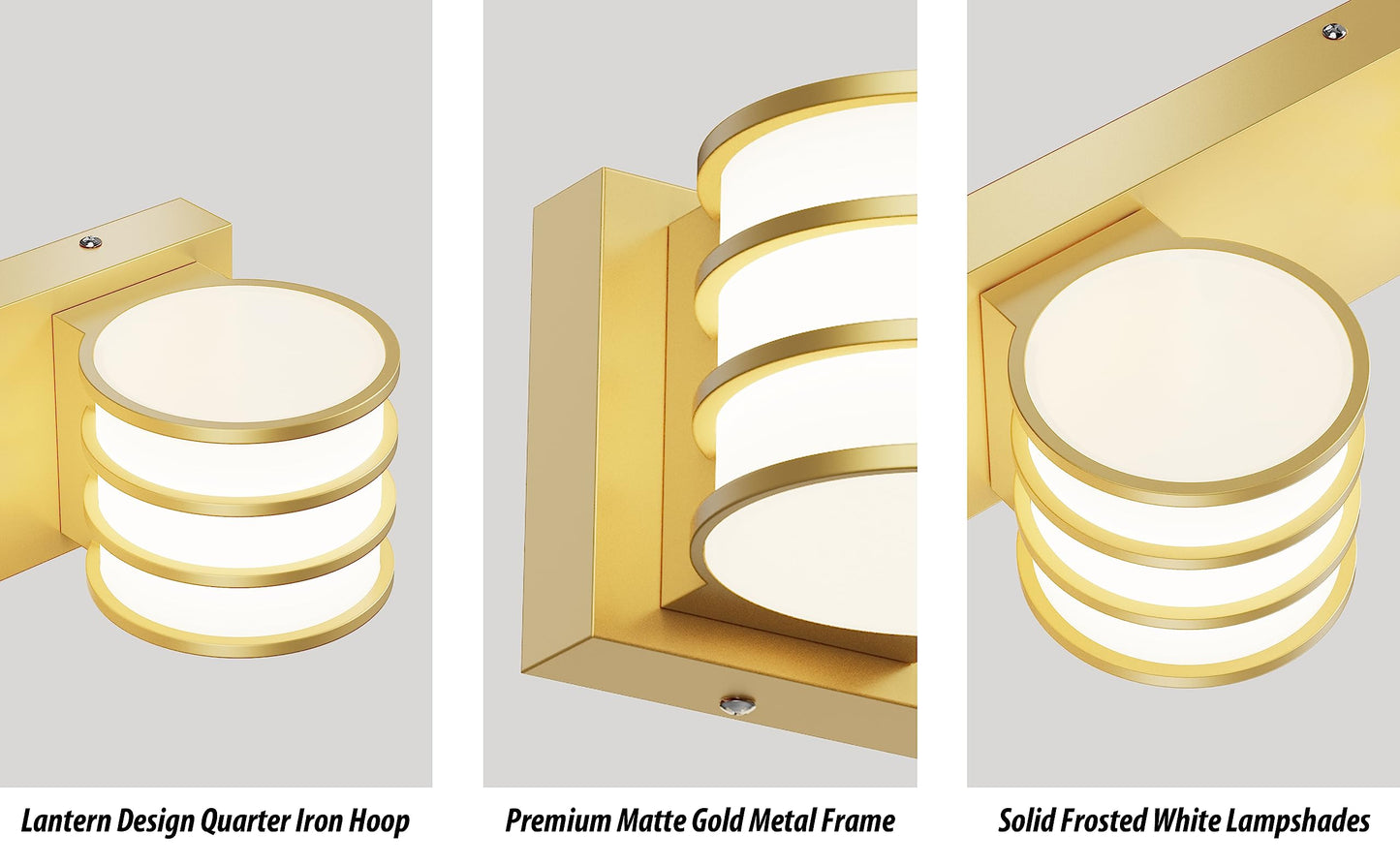LED Bathroom Vanity Light - 20.5 Inch Gold 3-Light Fixture with White Acrylic Shades, 6000K Cool White, Mirror Lighting for Bathroom, Bedroom