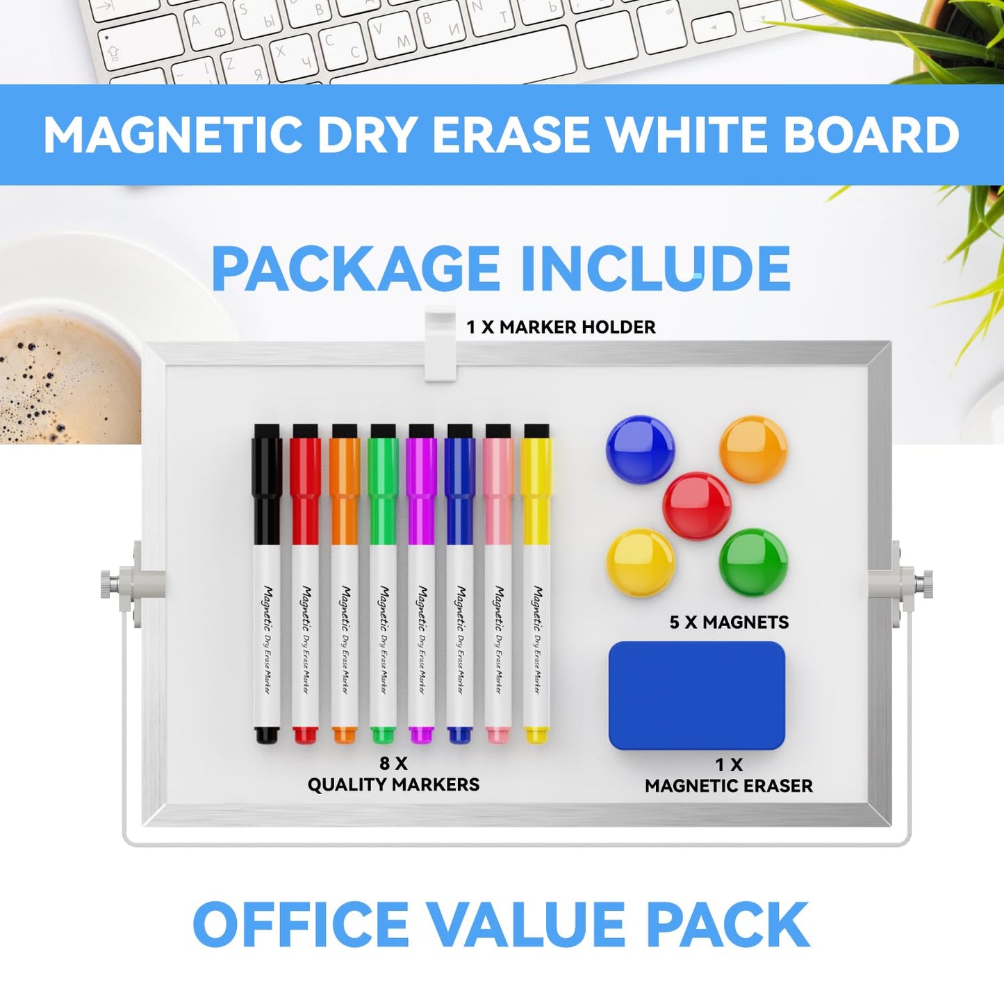 Dry Erase White Board, Cazeyoo Magnetic Desktop Whiteboard 8 x 12inch with Stand, 8 Markers, 4 Magnets and 1 Eraser, Portable Double-Sided White Board