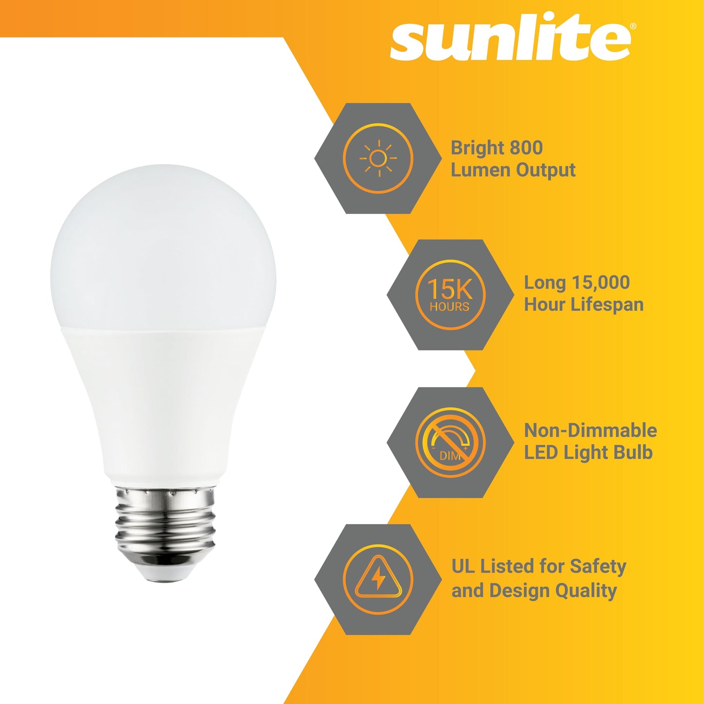 Sunlite A19 Standard 9 Watt LED Light Bulbs, (60 Watt Equivalent), 800 Lumens, Medium Base (E26), Non-Dimmable, Frost, ETL Listed, 5000K Daylight, 9