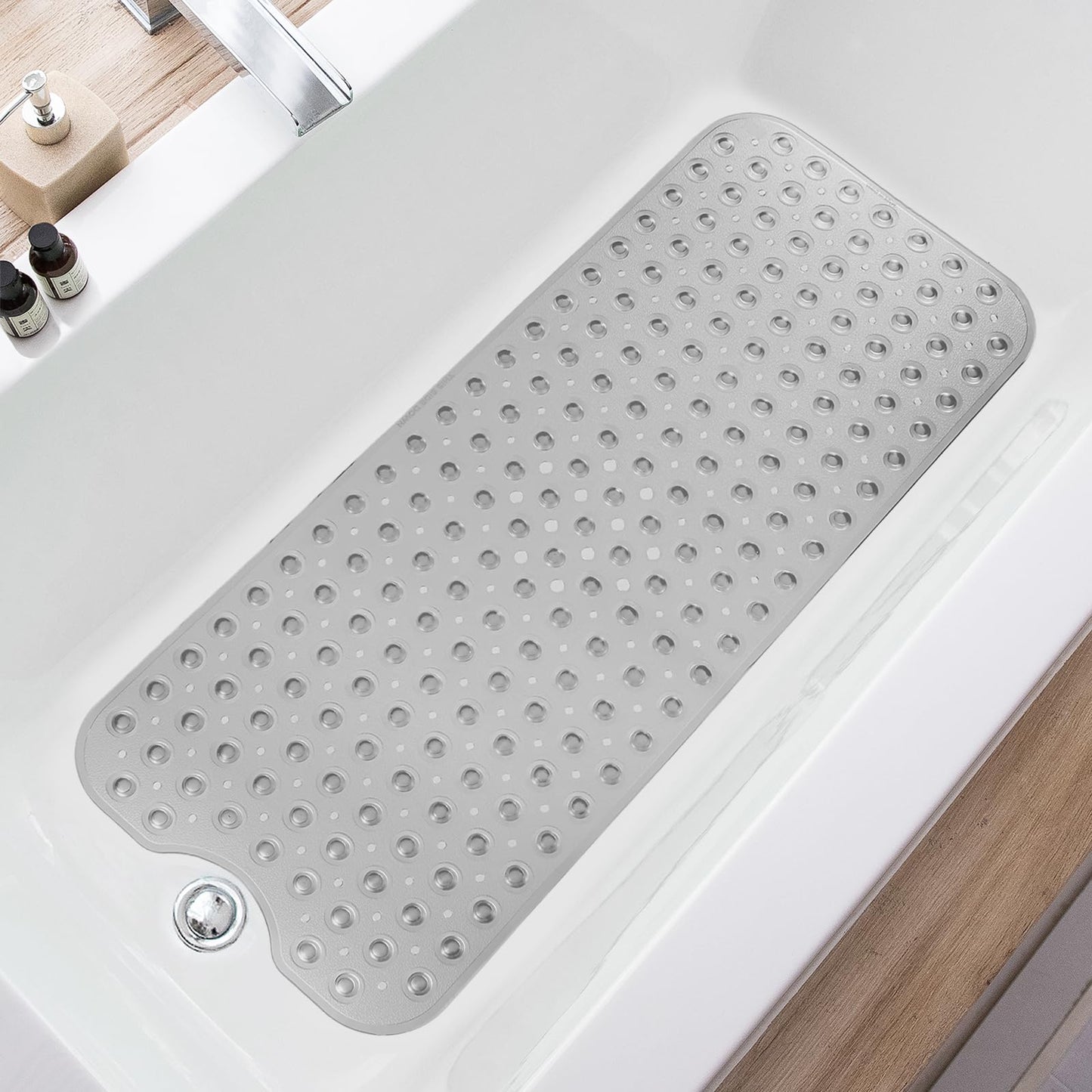 TEESHLY Extra Long Non-Slip Bathtub Mat 39x16" – Drain Holes & Suction Cups, Machine Washable Bath Mat for Shower (Clear Grey)