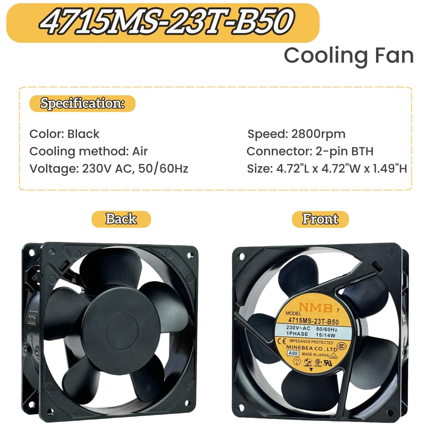 for NMB 4715MS-23T-B50 Cooling Fan, AC230V 15/14W 50/60Hz 120×120 ×38mm Cooling Fan