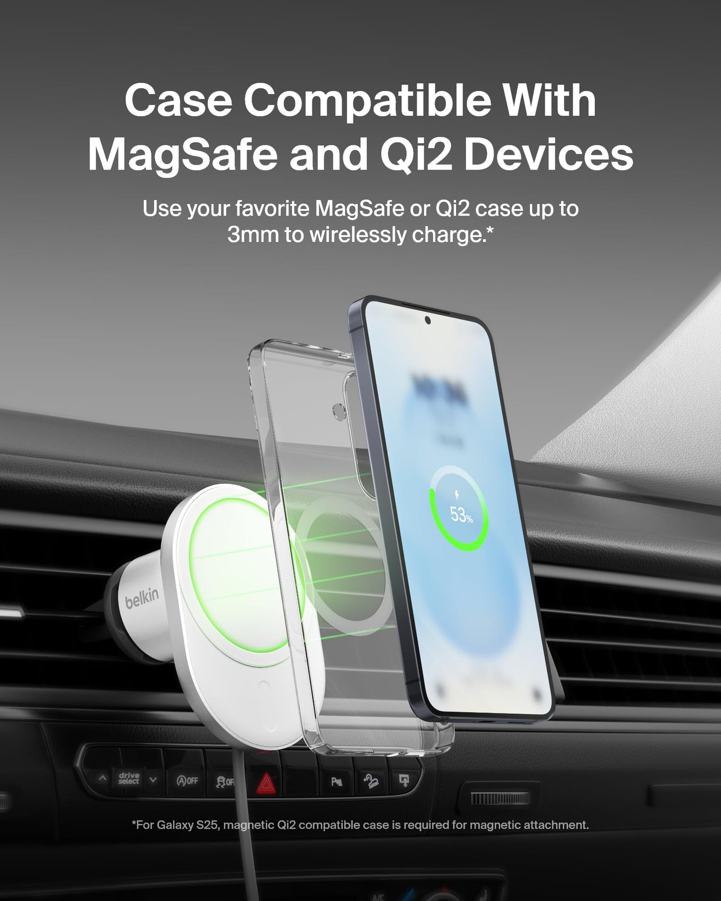 Belkin MagSafe-Compatible Wireless Car Charger 15W, Fast Charging Wireless Charger - Powerful Magnetic Vent Holder for iPhone 17, 16, 15, 14, 13