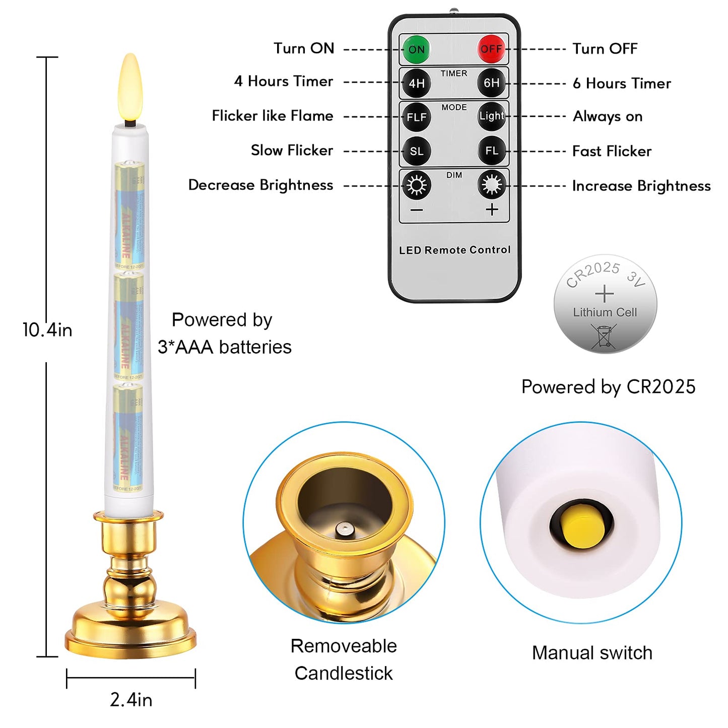 Daord LED Christmas Window Candle with 2 Remotes Battery Operated Flameless Taper Candles Warm Light Flickering and Timer for Wedding Party Holiday