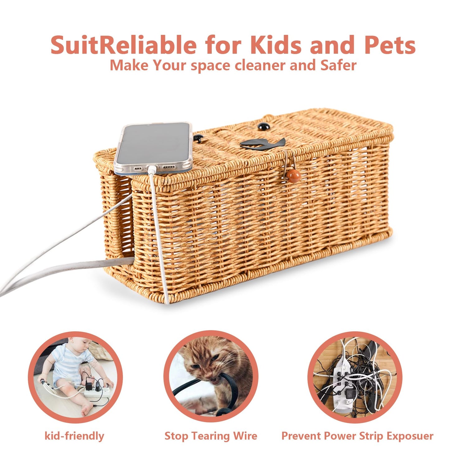 Cord hider box,Imitation rattan cable management organizer storage box with lid 2 open slots extension cord keeper charging basket cover under desk