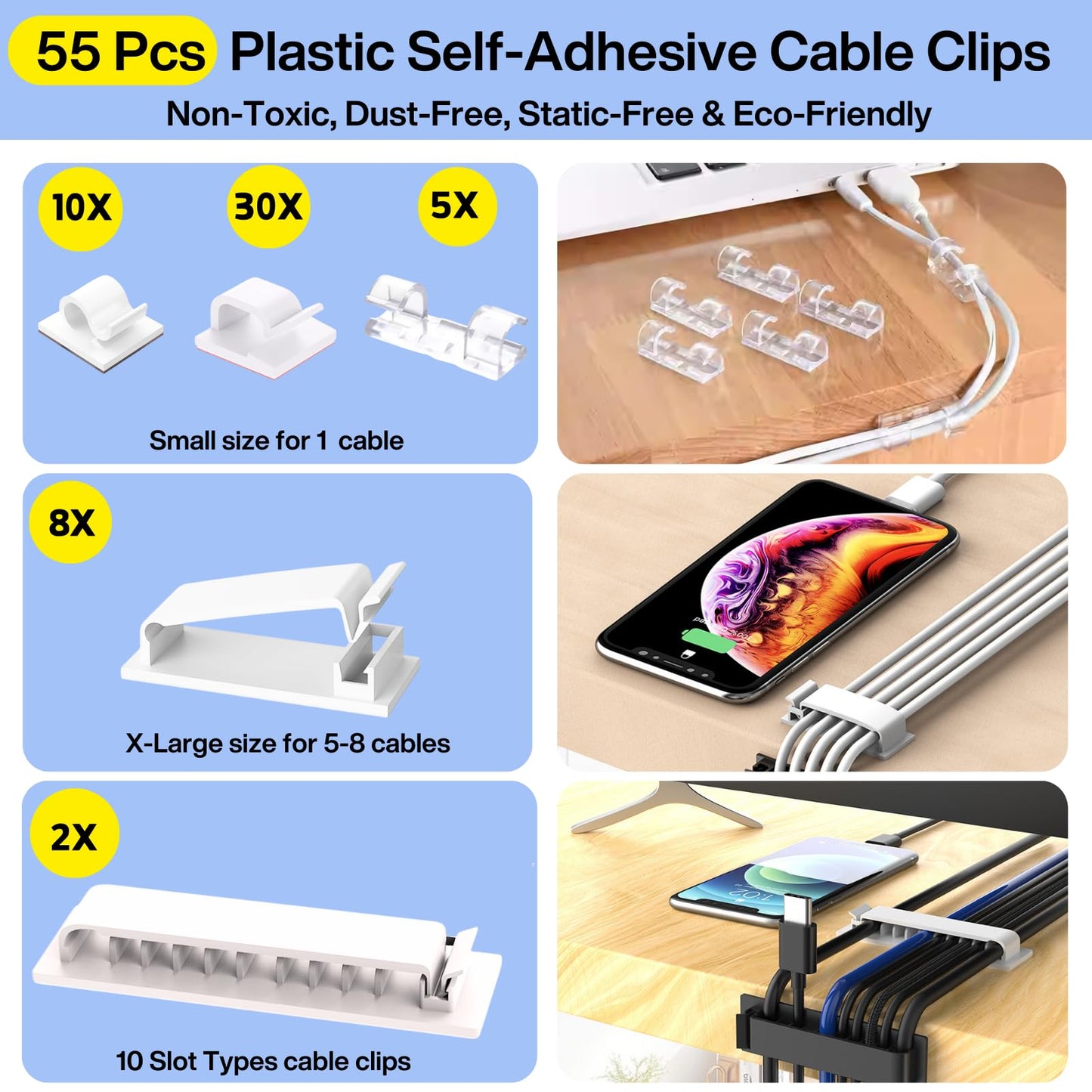 [313Pcs] Cable Management Kit, 67 Adhesive Cable Clips, Topavatop Desk Cord Organizer, 22 Reusable Cable Strap, 4 Cable Sleeve Split, 200 Nylon Cable