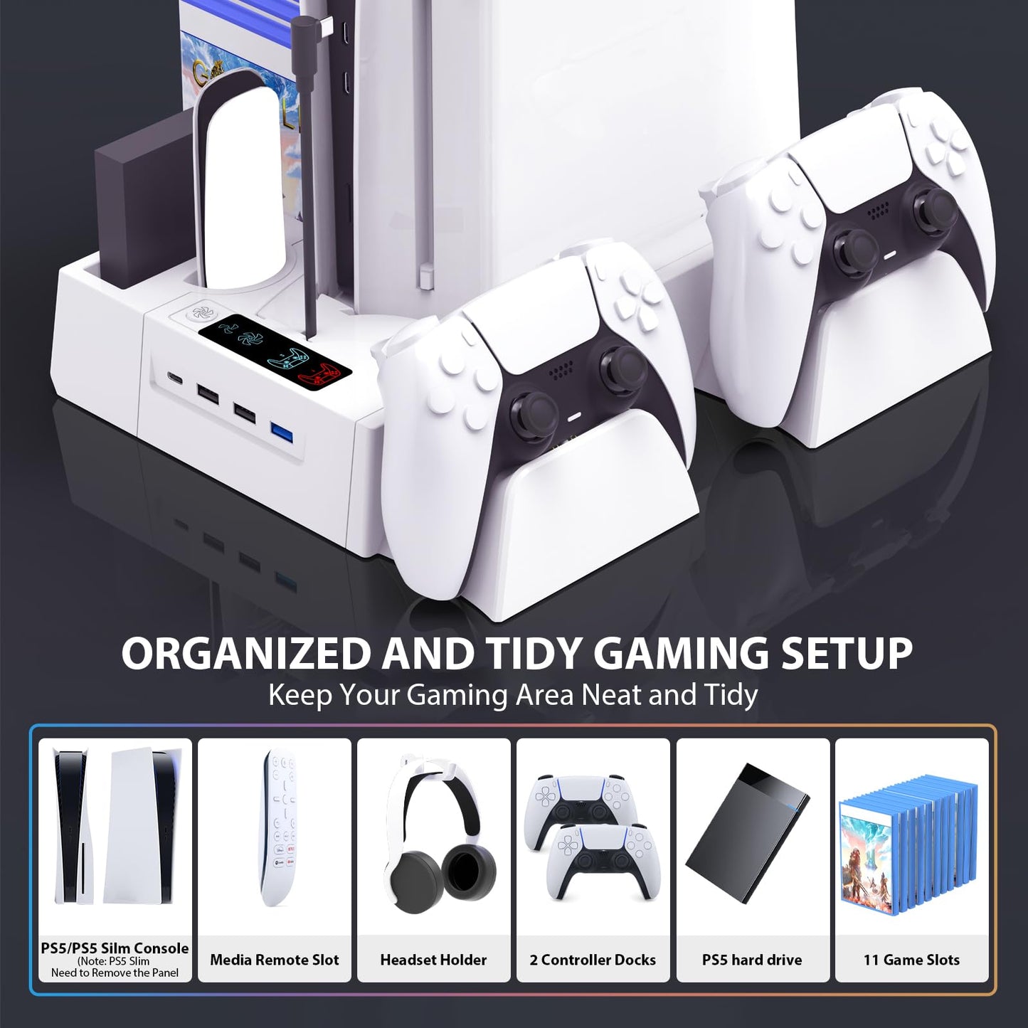 PS5 / PS5 Slim Cooling Station with Controller Charging Station, Cooling Stand for PlayStation 5 Console, PS 5 Dock Accessories Organizer with Storage