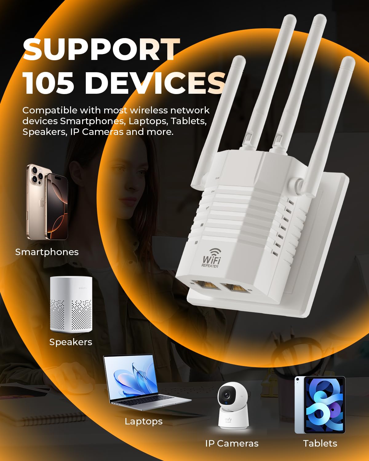 105 Devices WiFi Extender,WiFi Signal Booster with 4 Directional Antennas,1.2Gbps Dual Band WiFi Booster and 12880 Sq.Ft Coverage,EasyMesh and one