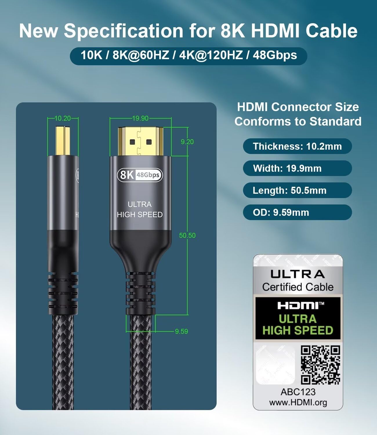 Certified 10K 8K HDMI 2.1 Cable 10 FT, 48Gbps Ultra High Speed HDMI® Cord Ethernet CEC 4K 240Hz 165Hz 144Hz 120Hz 8K 60Hz eARC Netflix HDCP2.3 HDR10+