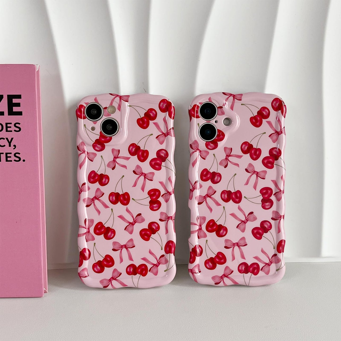 branple Compatible with iPhone 16 Plus Case, Cute Wave Curly Pink Cherry Bow Phone Case for Women, Soft TPU Shockproof Protection Cover Designed