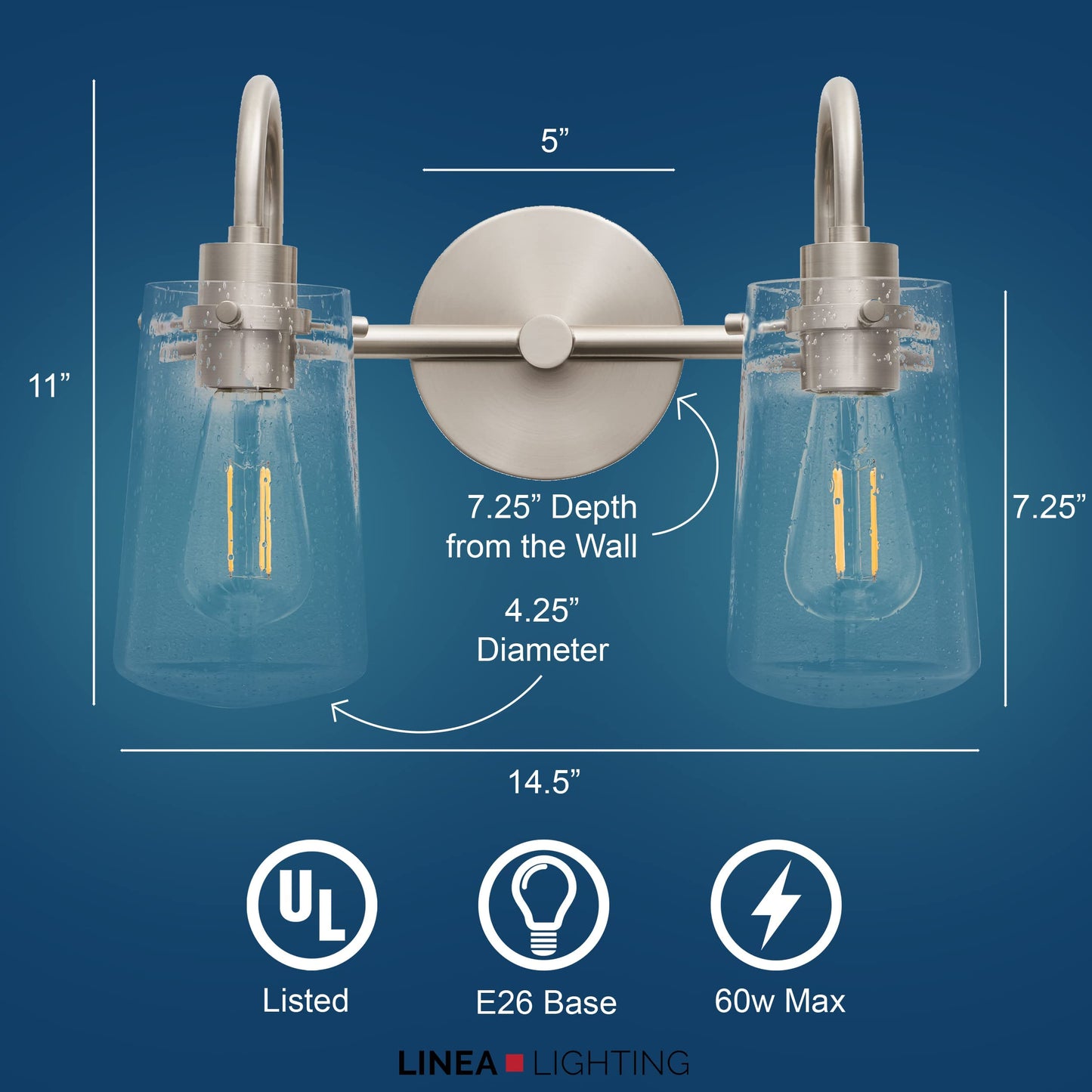 Linea di Liara Avezzana 2 Light Bathroom Vanity Light Brushed Nickel Bathroom Light Fixtures with Clear Glass Shade Modern Vanity Lights for Bathroom