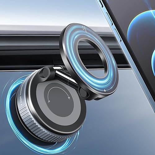 Galundge Vacuum Suction Magnetic Phone Holder, 2025 Upgraded Foldable Retractable Suction Cup Car Phone Mount for Magsafe, 360° Adjustable Magnetic