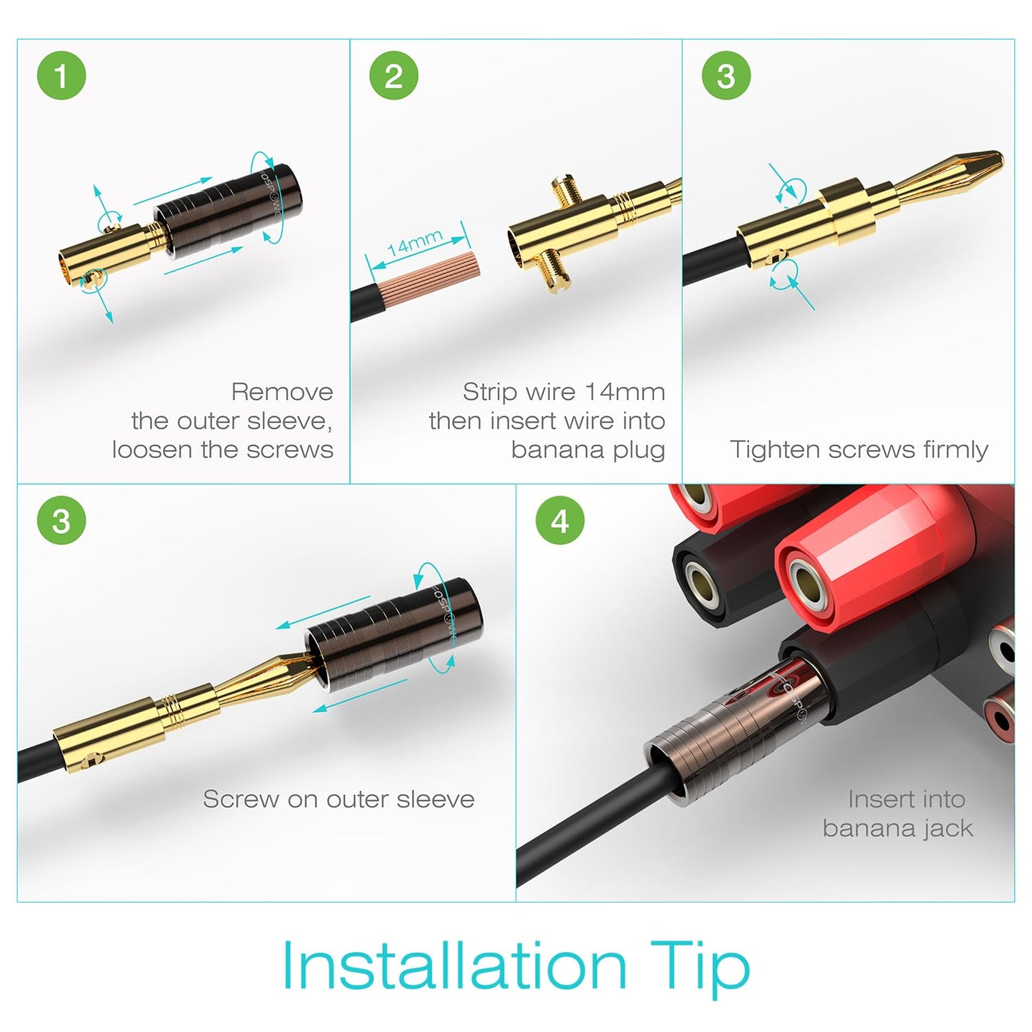 FosPower Banana Plugs 12 Pairs / 24 pcs, Closed Screw 24K Gold Plated Speaker Plug Connectors for Speaker Wire, Wall Plate, Home Theater, Audio/Video