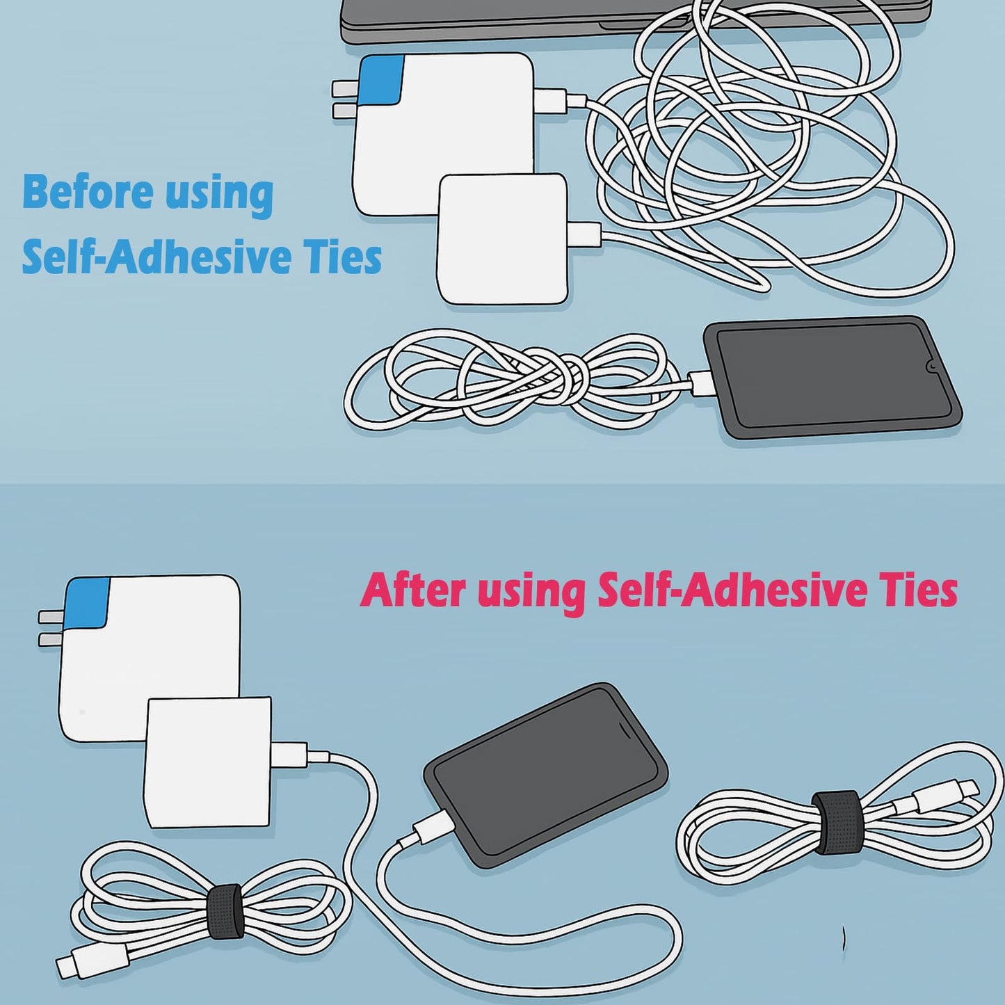 LONYEON 2Pack Reusable Self Ties - Cord Wrap and Hook Loop Cords Management for Home and Office Organization Straps,Black