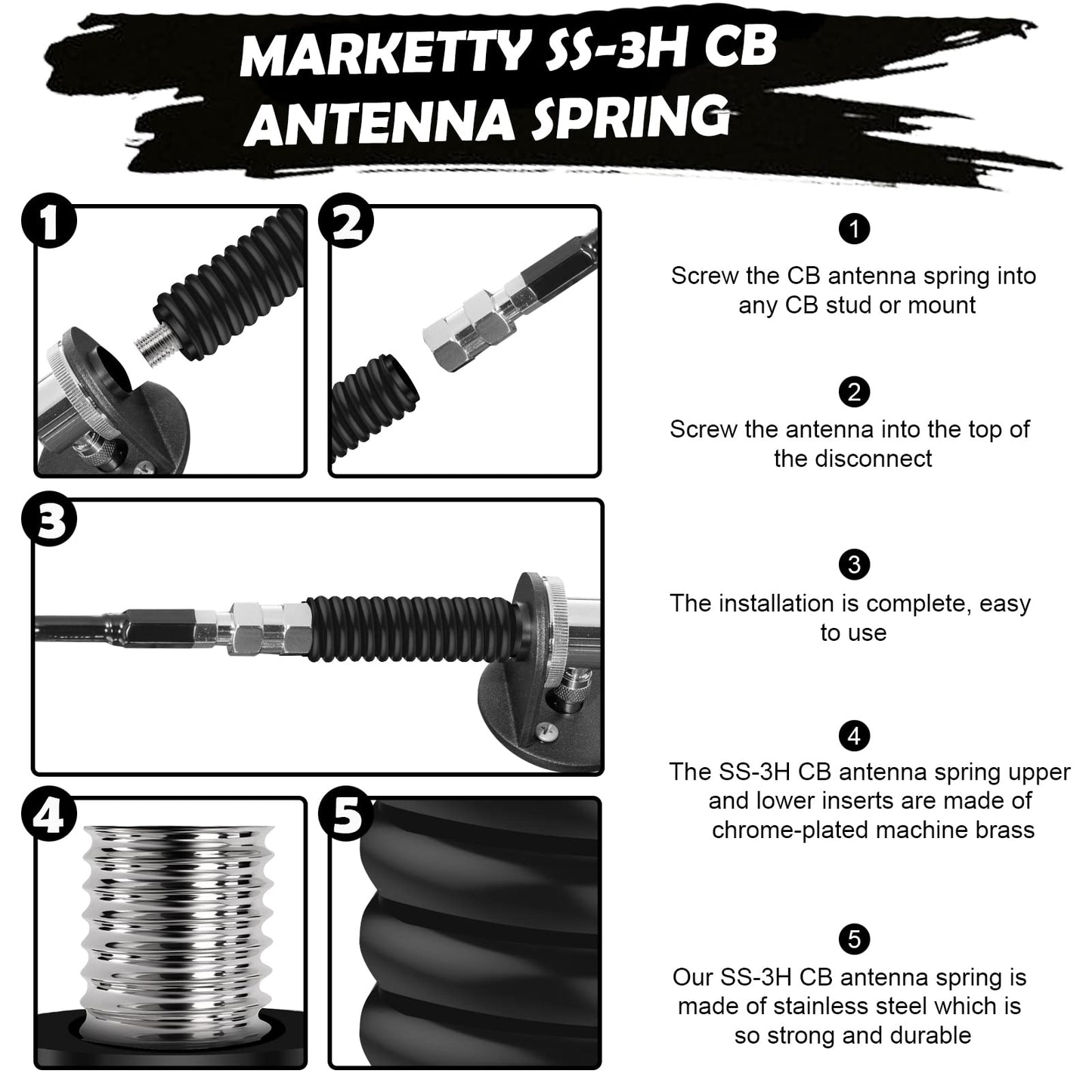 Marketty SS-3H CB Antenna Spring, Stainless Steel Heavy Duty CB Radio Antenna Mount Spring, Spring to Fit Mobile/in-Vehicle CB Radio Antenna Mount Up