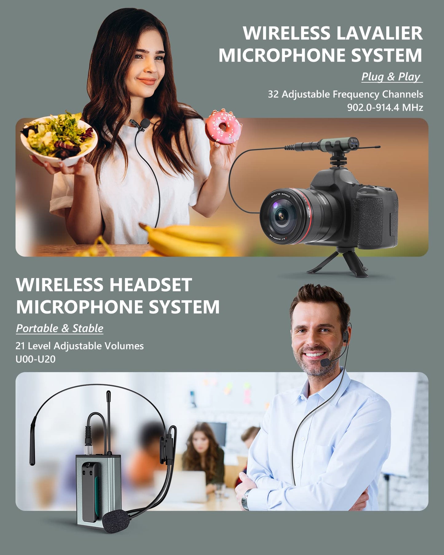 ttstar Wireless Microphone System Headset/Stand/Lavalier Mic with Rechargeable Bodypack Transmitter Receiver for PA Speaker, Camera, Recording