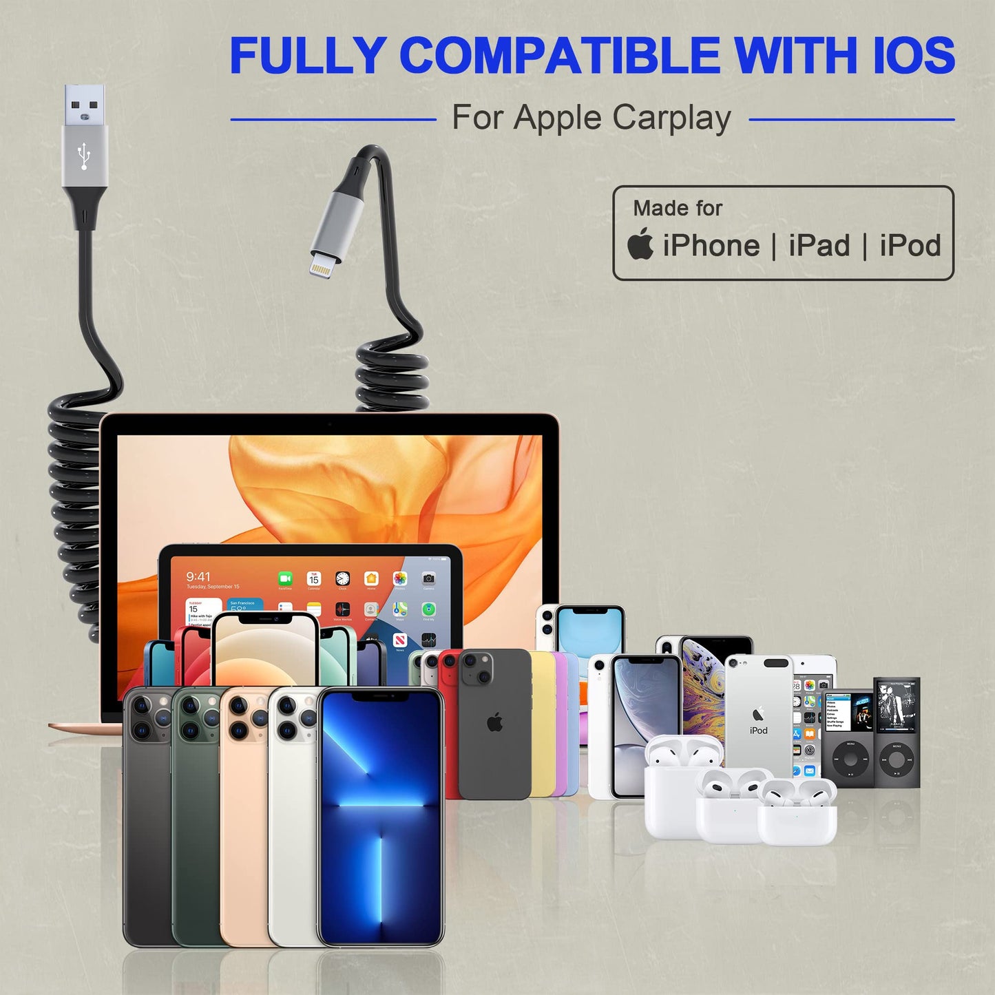 Coiled Lightning Cable Apple Carplay Compatible [Apple MFi Certified] Short USB to Lightning Apple Carplay Cable with Data Sync, Retractable iPhone…