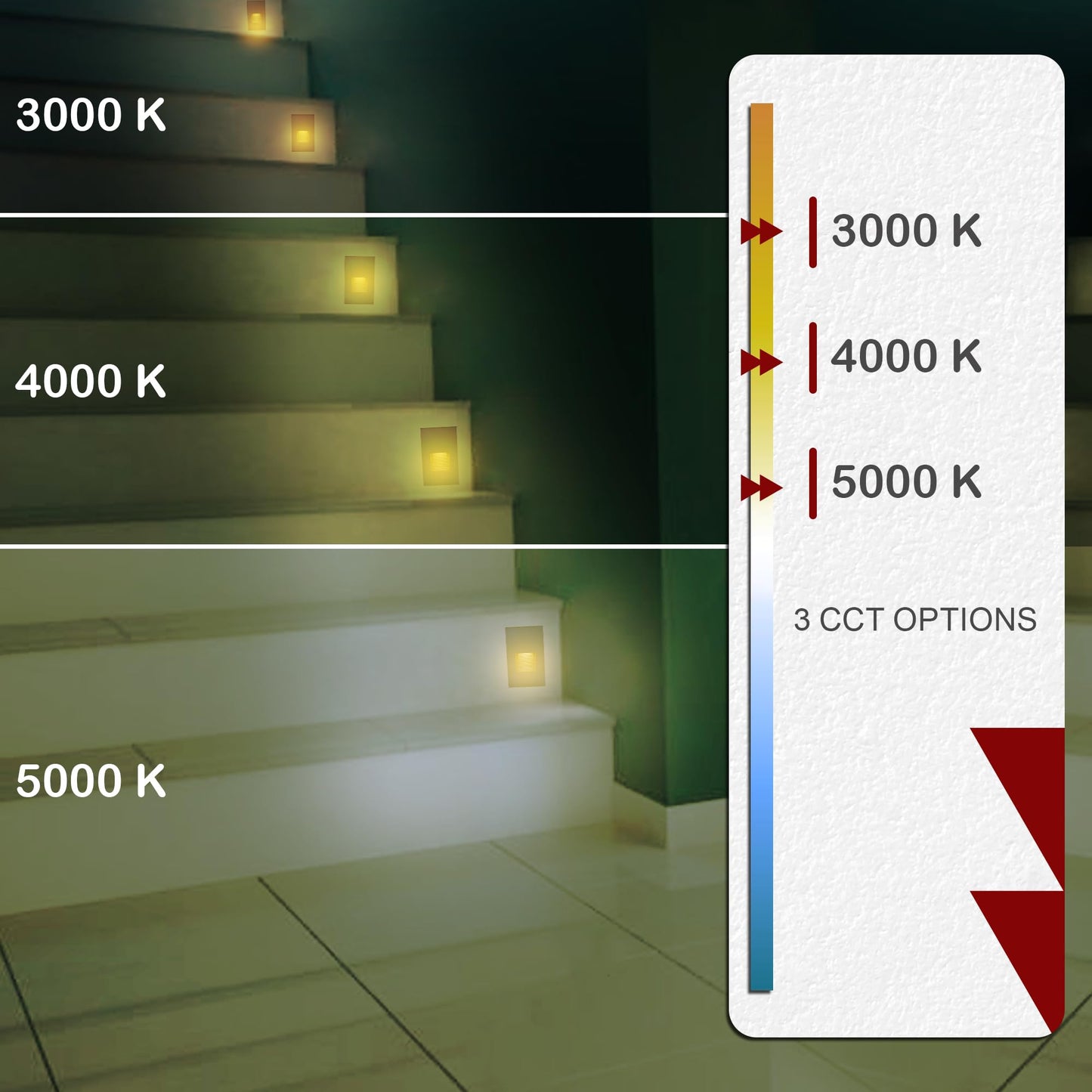 Ciata LED Stair Lights - 3 CCT Options (3000K/4000K/5000K) | 3 Watt Step Lights for Indoor and Outdoor Stairs | Ideal for Home Theater and Outdoor