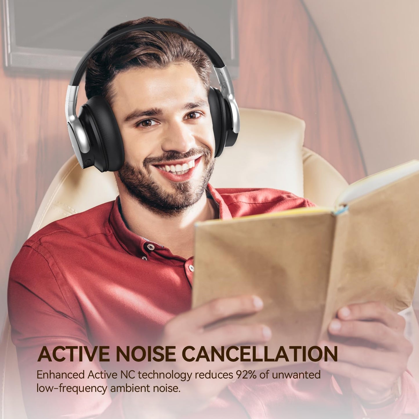 AUSDOM Bluetooth Noise Cancelling Headphones: E7 Wireless Over Ear ANC Headphones with Microphone, 50H Playtime, Hi-Fi Sound, USB C Charge…