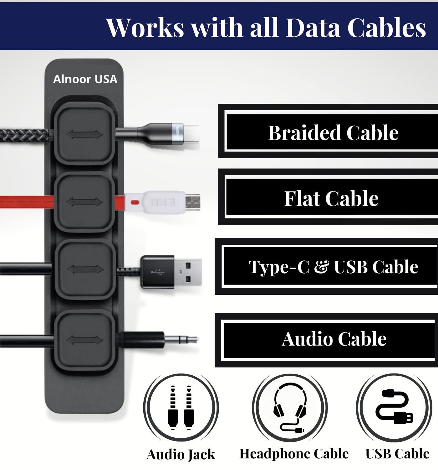 Alnoor USA Magnetic Cable Organizer |Multipurpose Magnetic Cable Clips with 8-Cable Buckles & 2-Bases |Cable Management Clips for Cell Phone, Office