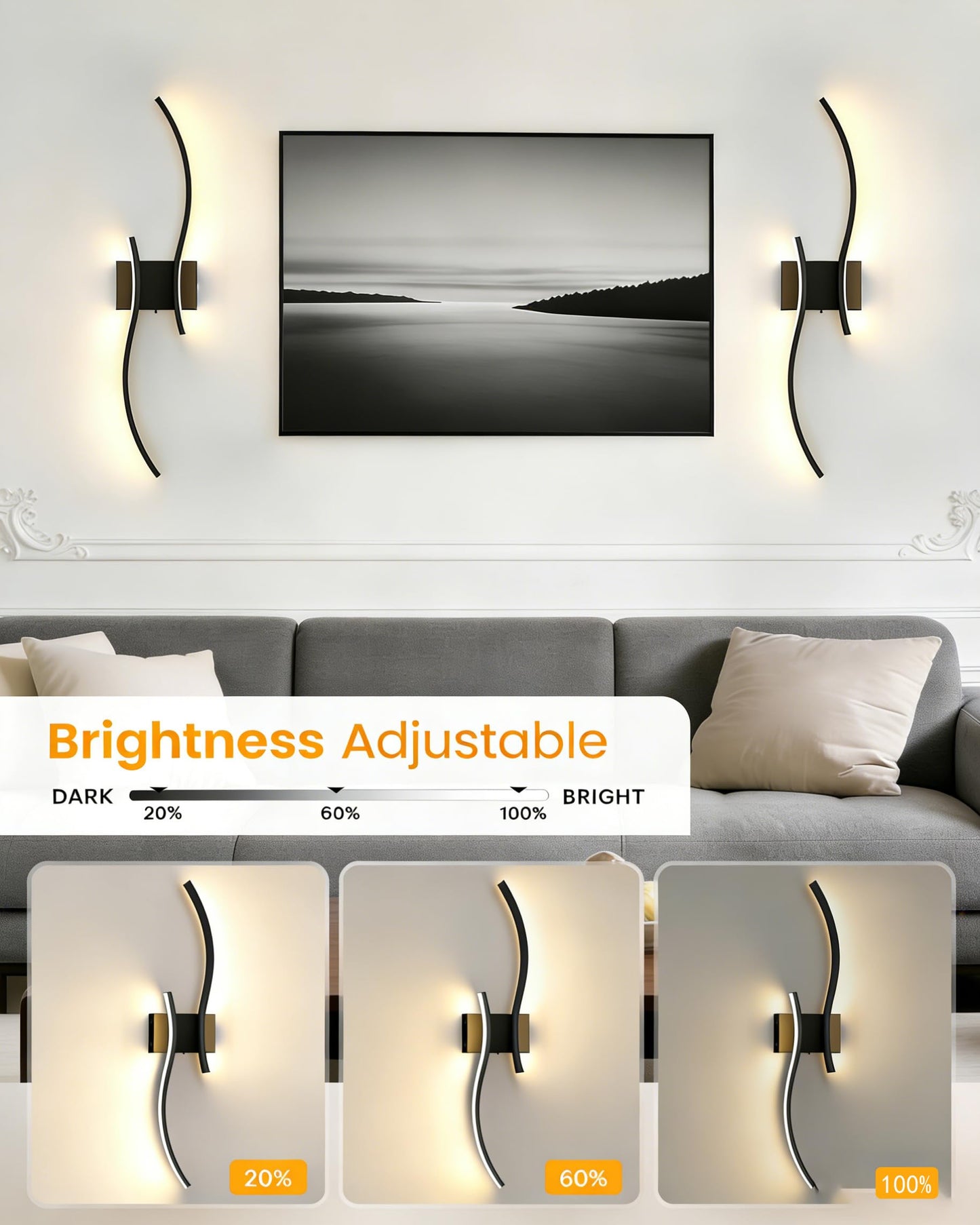 FONSHUKYY Wall Sconces Set of 2 Modern Hardwired - 31.5" Large LED Wall Lights Matte Black Scone - for Bedroom Living Room TV Wall, 3 Color