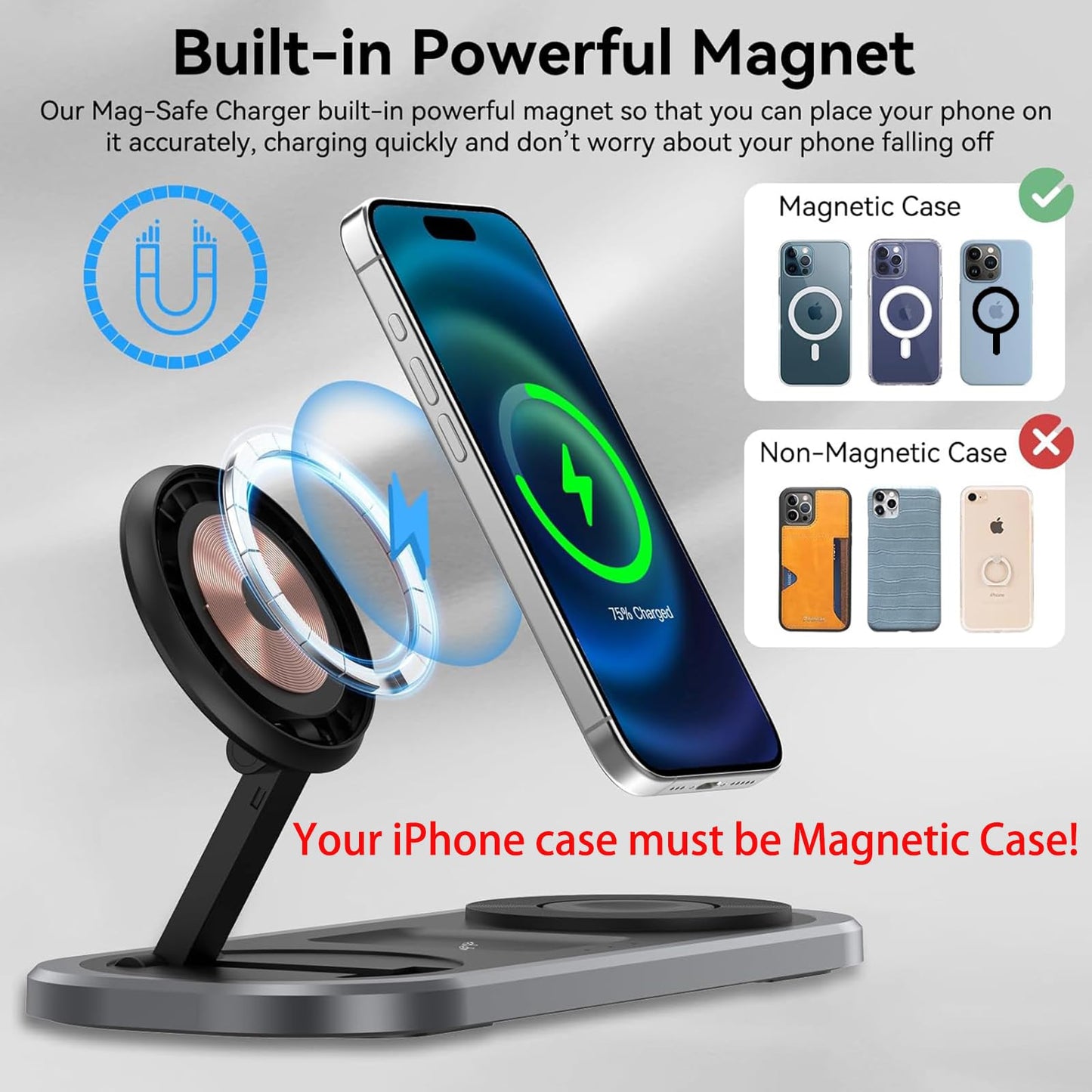 3 in 1 Fast Wireless Charger Stand for iPhone, Foldable Travel Charging Station for Magsafe for iPhone 17/Air/16/15/14/13/12 Series, Apple Watch
