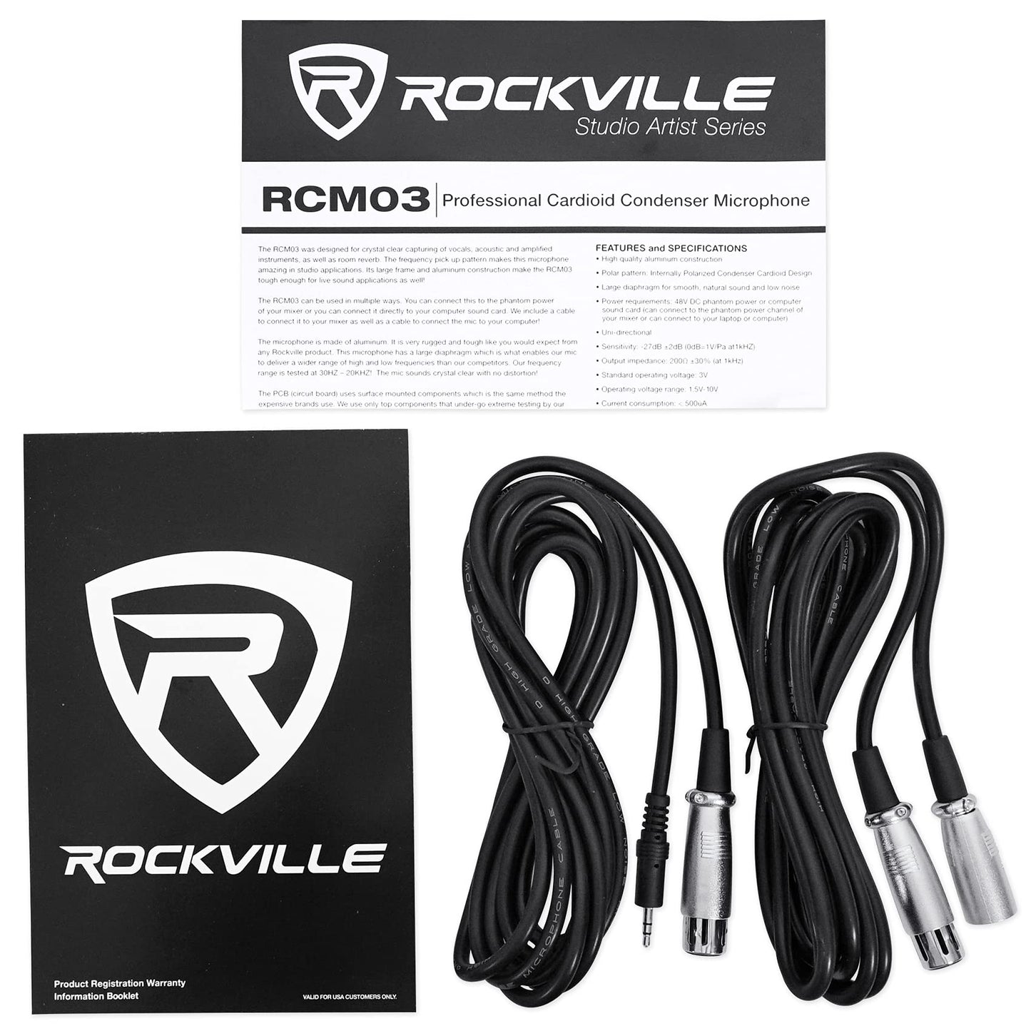 Rockville RCM03 Pro Studio Condenser Microphone, Cardioid Pattern, 30Hz-20kHz Frequency Response, Metal Shock Mount, Includes XLR & 3.5mm Cables, for