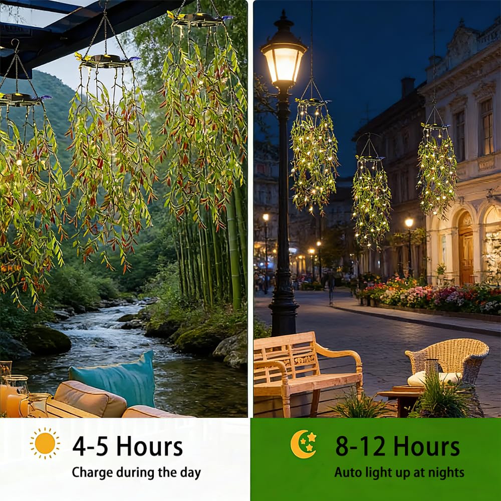 HSBMTBDBF Solar Hanging Garden Lights, 66 LED Artificial Willow Leaf Solar String Lights Outdoor, Birthday Gifts for Her Mom Grandma, IP65 Waterproof