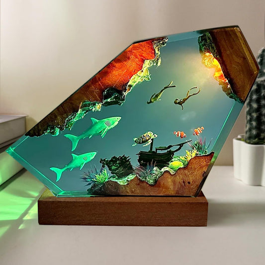 Shark Resin Lamp,Handcrafted Resin Ocean Night Light with Wooden Base, Multi Color Led Lights USB Port,Shark Decor for Home Office,Ocean Lover
