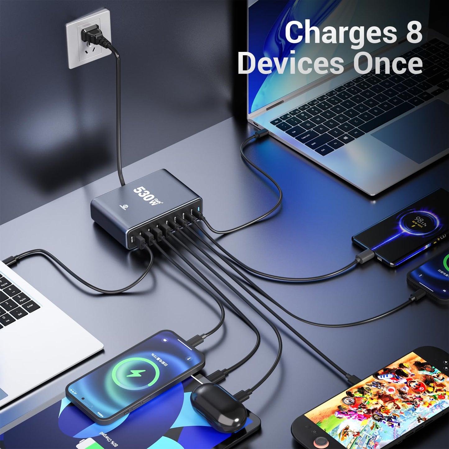 Zeroffi 530W USB C Charging Station, 8-Port Desktop Charger, PD 140W PD 65W QC 30W GaN ? Fast USB Charger Block for MacBook, Ipad, iPhone, Samsung