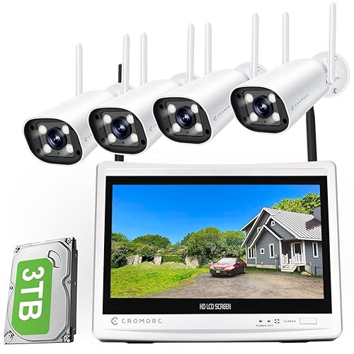 Cromorc Expandable 16CH NVR Wireless Security Camera System with 12.5" Monitor, 4PCS 5MP Surveillance Camera Human Detection, Spotlight, Siren Alarm