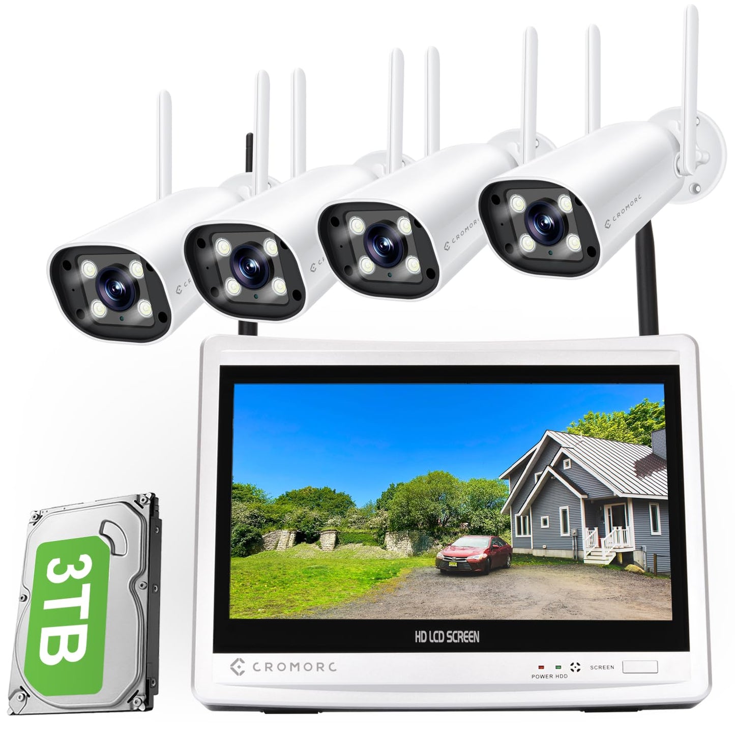 Cromorc Expandable 16CH NVR Wireless Security Camera System with 12.5" Monitor, 4PCS 5MP Surveillance Camera Human Detection, Spotlight, Siren Alarm