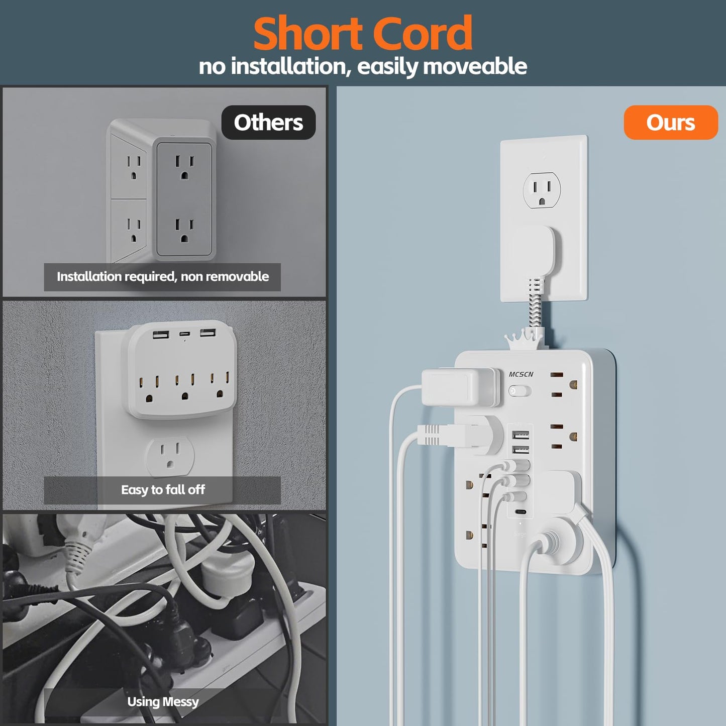 Short Extension Cord 0.082 ft - Flat Plug Small Power Strip Surge Protector with 8 Outlets, 6 USB Charging Ports (2 USB-C), Multi Plug Wall Outlet
