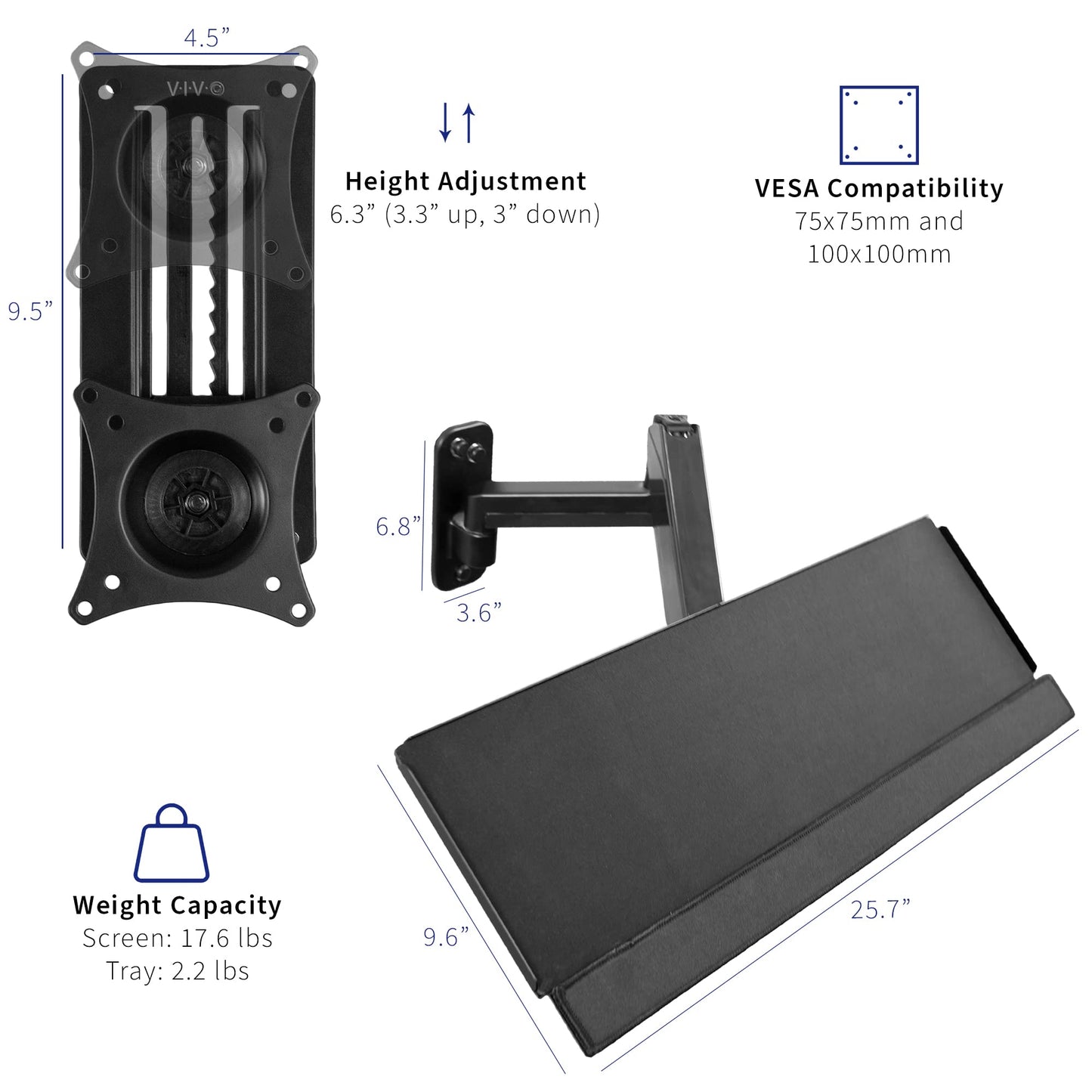 VIVO Sit-Stand 17 to 32 inch Single Monitor Wall Mount with Pneumatic Arm Keyboard Tray Combo, Height Adjustable, Max VESA 100x100mm, Black