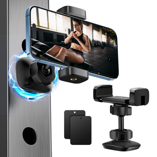 gliship Gym Magnetic Phone Holder, Portable Magnetic Phone Holder Phone Mount Gym Essentials Accessories, 360° Adjustable Dual Ballhead Rotatable