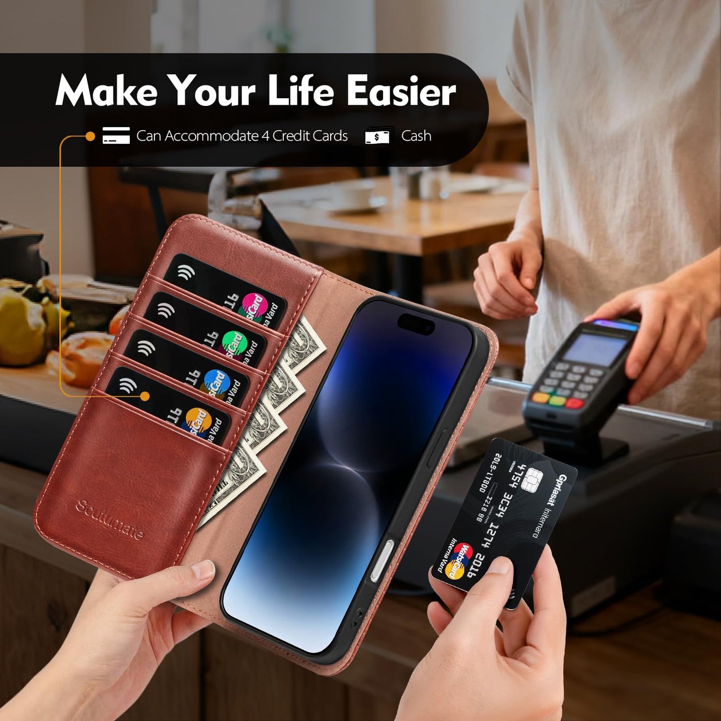 Scutumate Compatible with iPhone 17e / 16e Case Wallet with Card Holder [4 Card Slots] Kickstand [RFID Blocking] PU Leather Phone Case Flip Protective