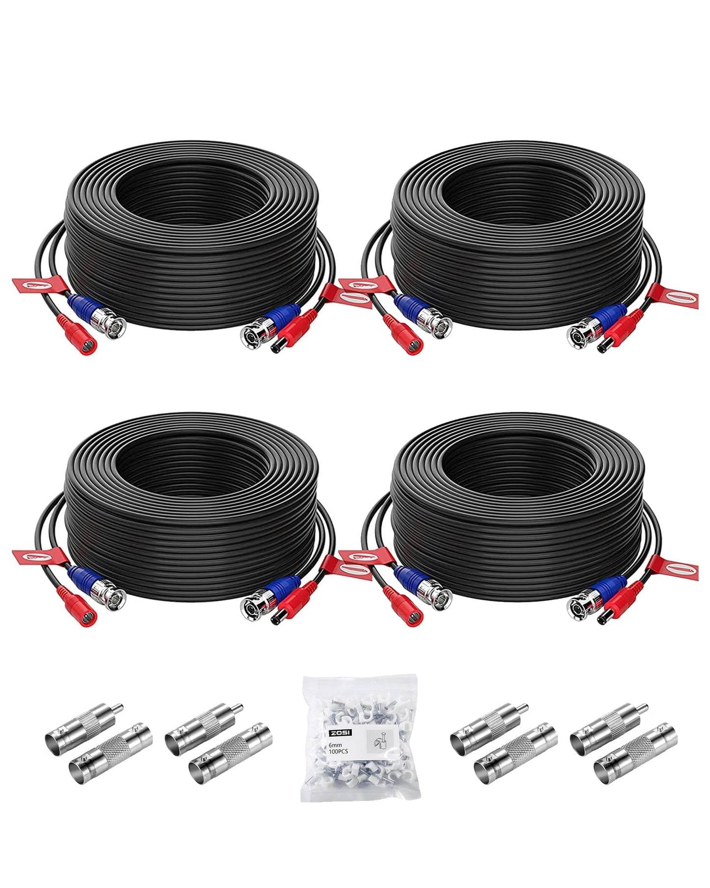 ZOSI 4-Pack 100ft (30m) BNC Video Power Cables, All-in-One Pre-Made Extension Wire for CCTV Security Camera Surveillance DVR Systems, Includes 4 BNC