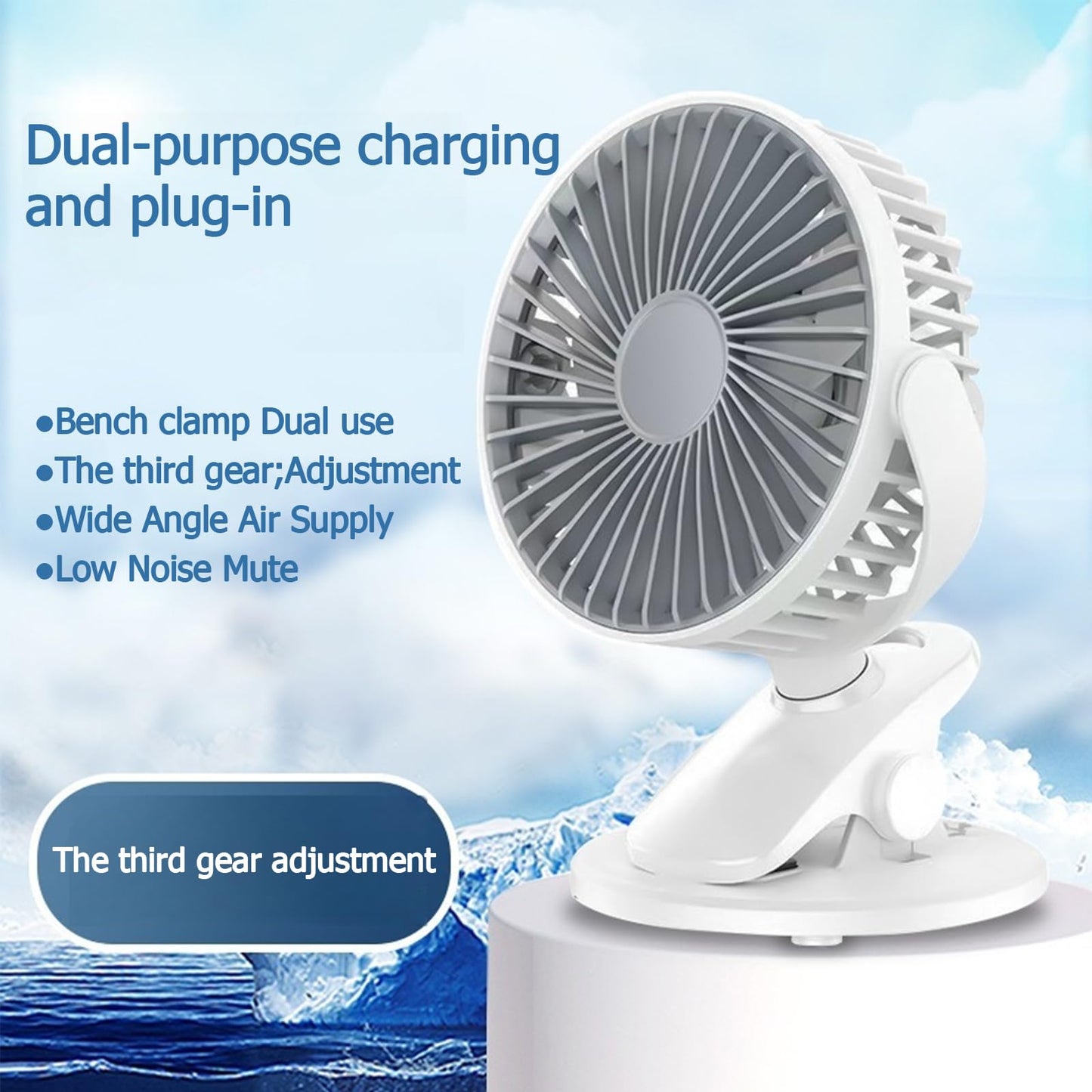 ormos Portable Desk Fan, Multi-Angle Adjustable, Wide Angle Breeze, White, USB Powered, Clip-On for Stroller, Office, Home, Travel