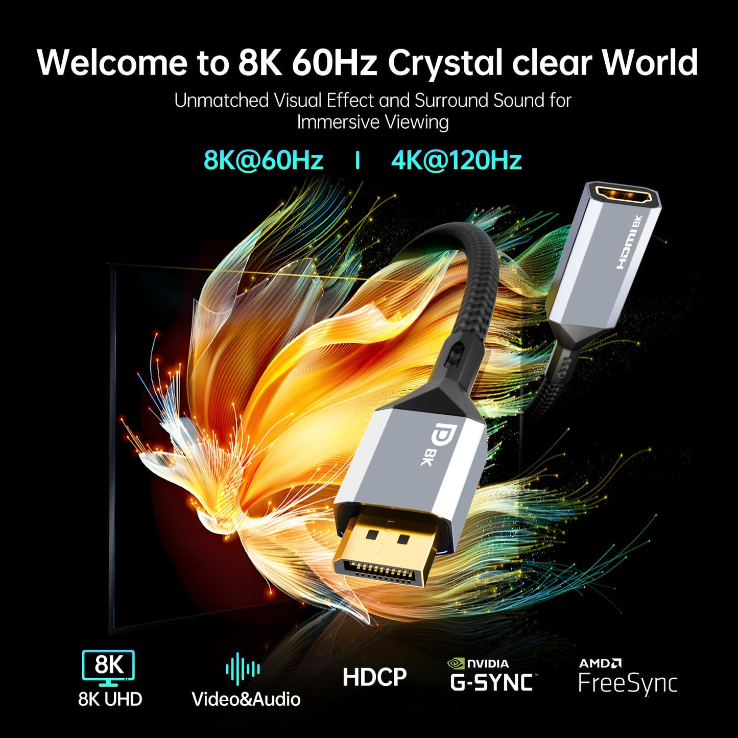 AGFINEST Active DisplayPort to HDMI Adapter, 8K@60Hz 4K@120Hz, DP 1.4 to HDMI 2.1 Converter, Unidirectional for Gaming PC, Laptop, GPU to Monitor, TV