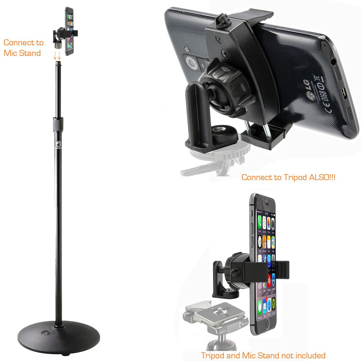 ChargerCity 360° Swivel Adjust Smartphone Holder with 5/8" Tripod Microphone Stand Adapter for All Smartphone up to 3.6 inch Wide (iPhone 17 Air 16 15