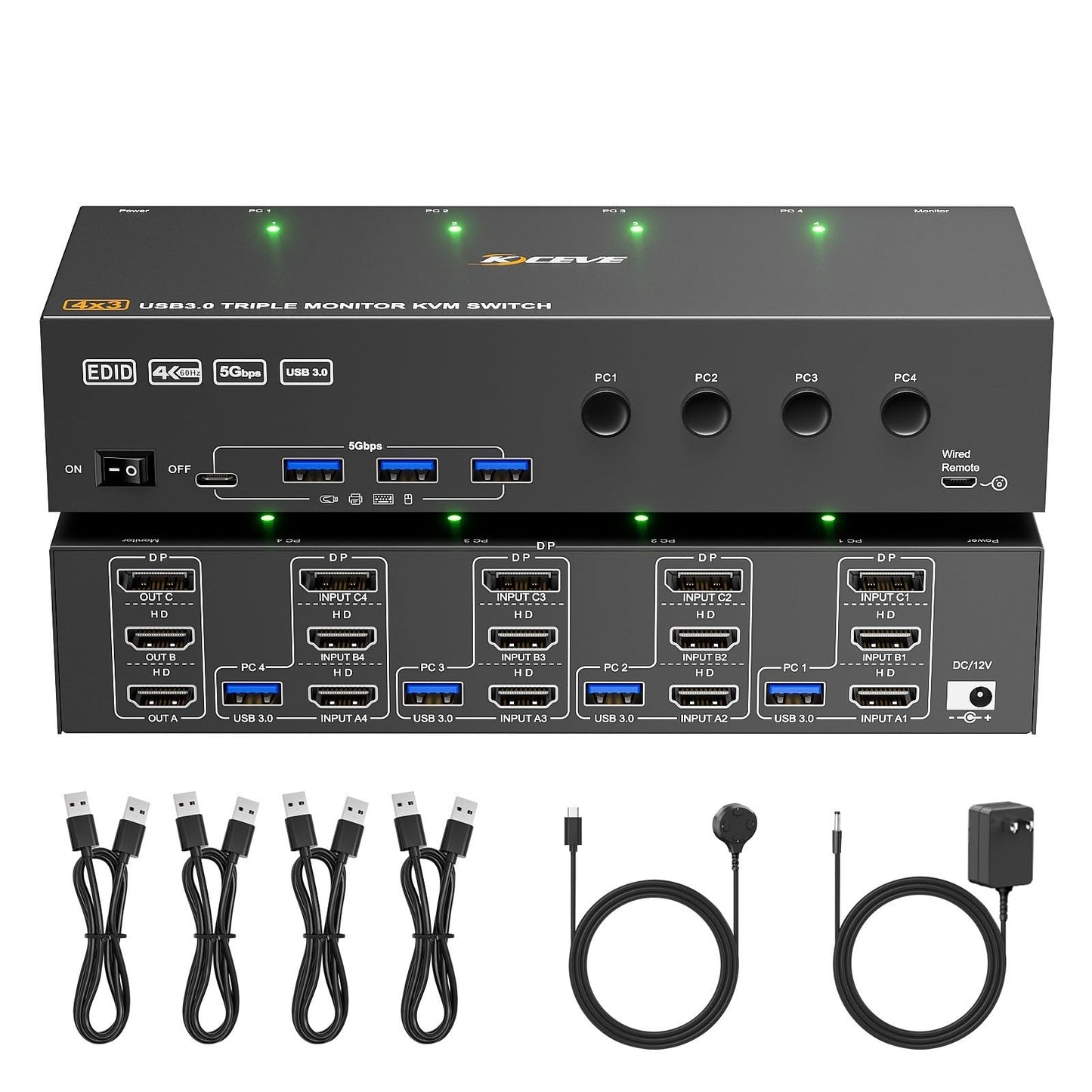 KVM Switch 3 Monitors 4 Computers 4K@60Hz,EDID Simulation,USB 3.0 HDMI Displayport KVM Switch Triple Monitor for 4 PC Share 3 Monitors and Keyboard