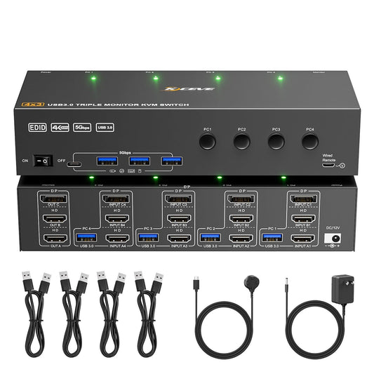 KVM Switch 3 Monitors 4 Computers 4K@60Hz,EDID Simulation,USB 3.0 HDMI Displayport KVM Switch Triple Monitor for 4 PC Share 3 Monitors and Keyboard