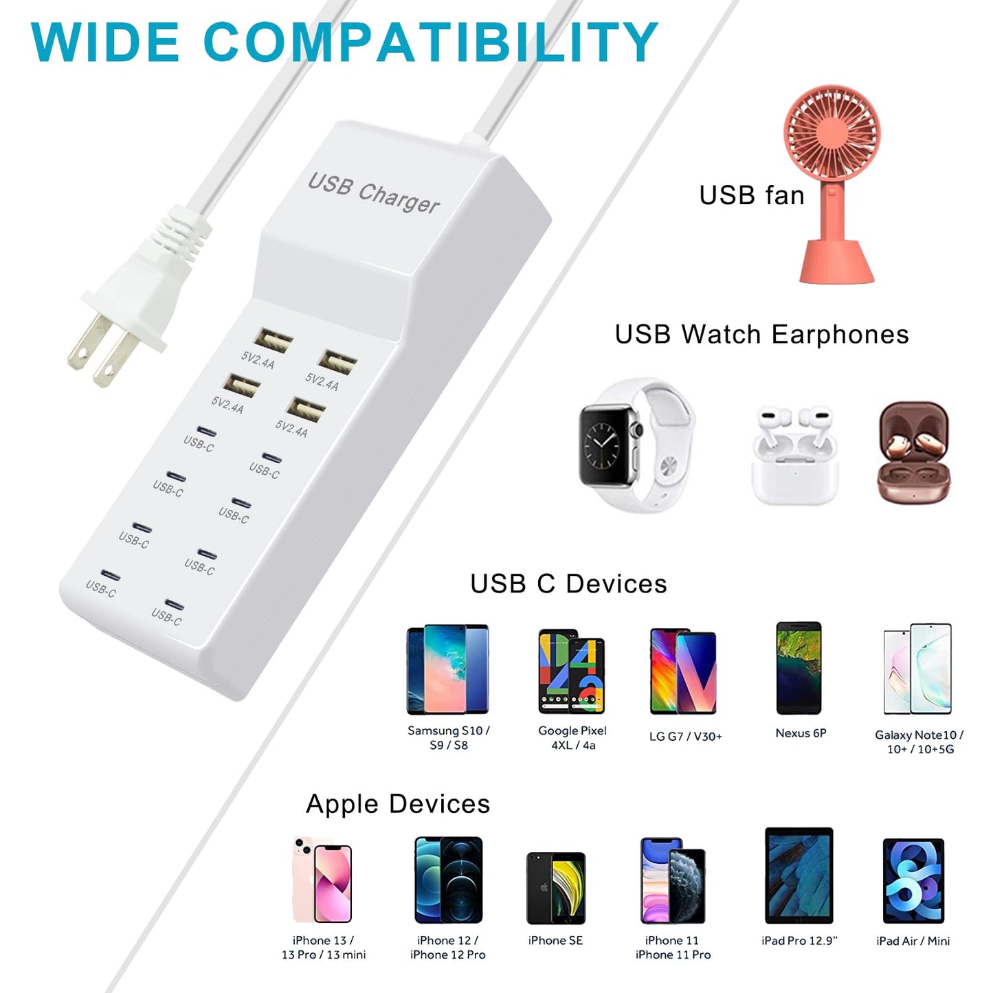 USB Charger Block, 12-Port Charging Station (4 USB-A and 8 USB-C Ports)