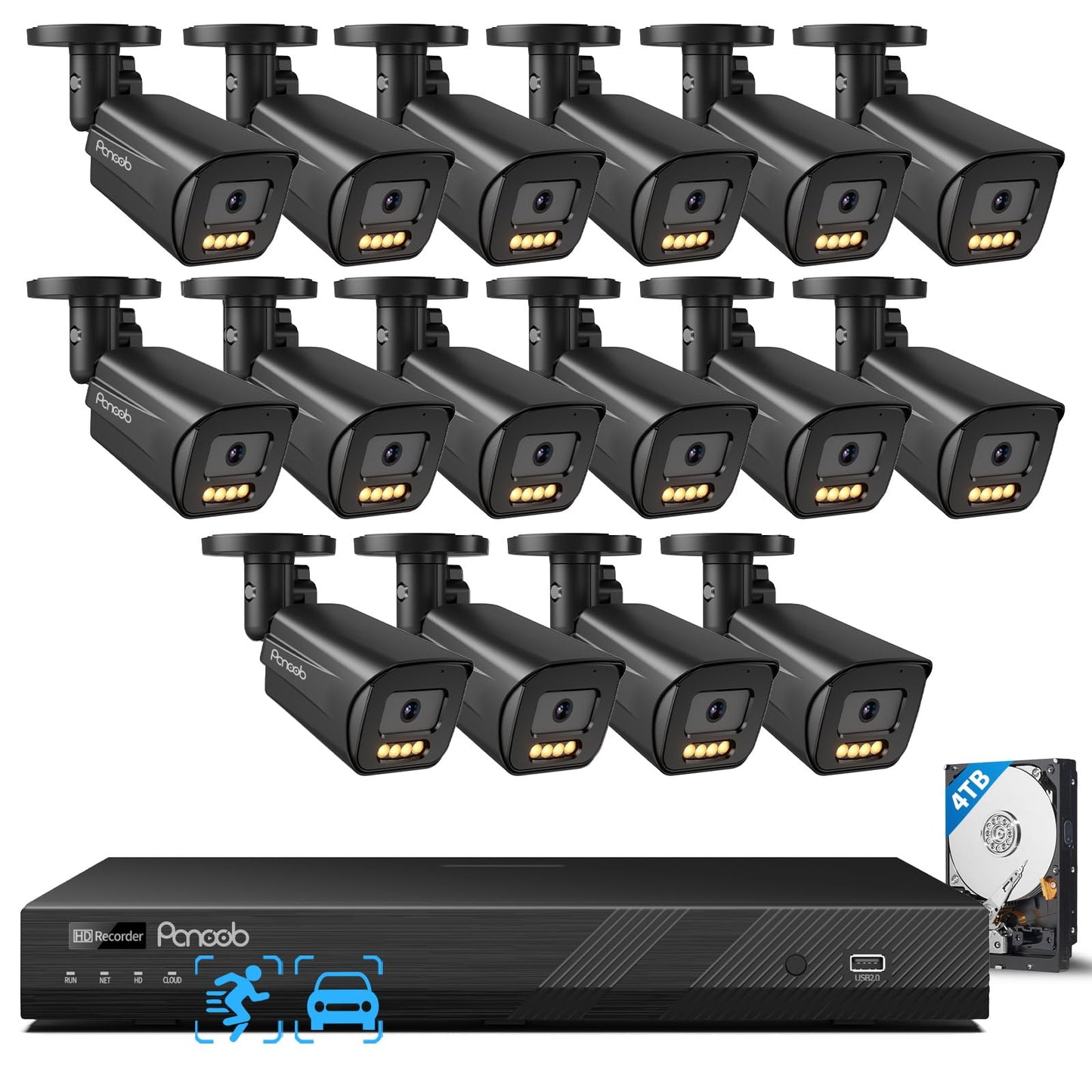 PANOOB 16 Channel Security Camera System 4K PoE, 16x 8MP IP Bullet Cameras Outdoor, 16CH NVR & 4TB HDD, Smart Color Night Vision, 2 Way Audio, AI