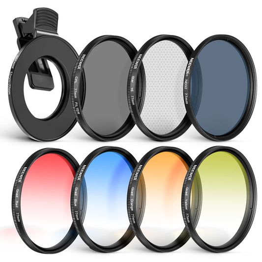 NEEWER 77mm Lens Filter Kit with Phone Lens Clip, CPL + ND32 + Star + 4 Graduated Color Filter Compatible with iPhone 17 16 16e 15 14 Pro Max Canon