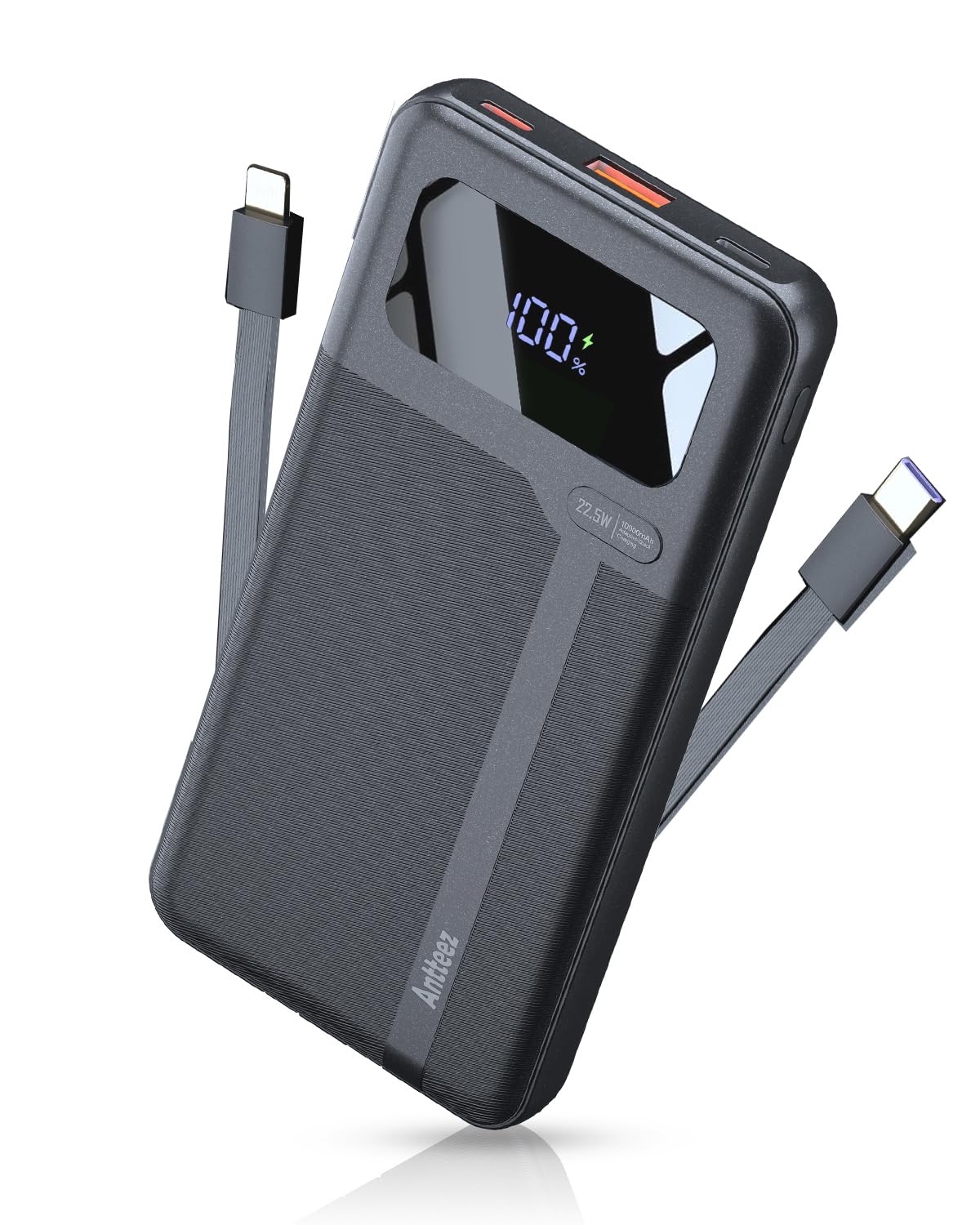 Antteez Portable Charger 10,000mAh, Power Bank Fast Charging with Built-in Cables, 22.5W USB C Travel Battery Pack, LED Display & 4 Outputs
