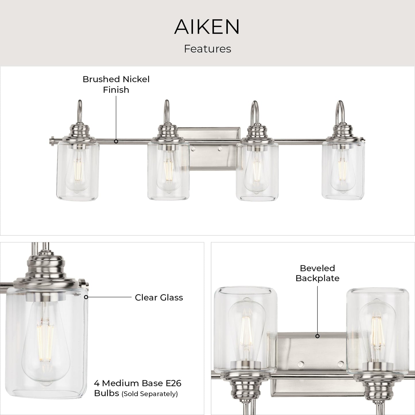 Progress Lighting P300323-009 Transitional Four Light Bath Bracket from Aiken Collection in Pewter, Nickel, Silver Finish,