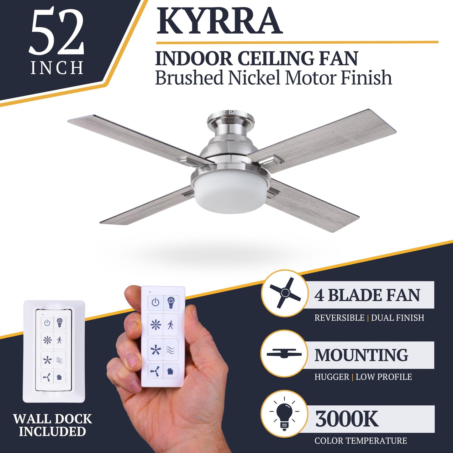 Prominence Home Kyrra, 52 Inch Contemporary Indoor Semi Flush Mount LED Ceiling Fan with Light, Remote Control, Dual Finish Blades, Reversible Motor