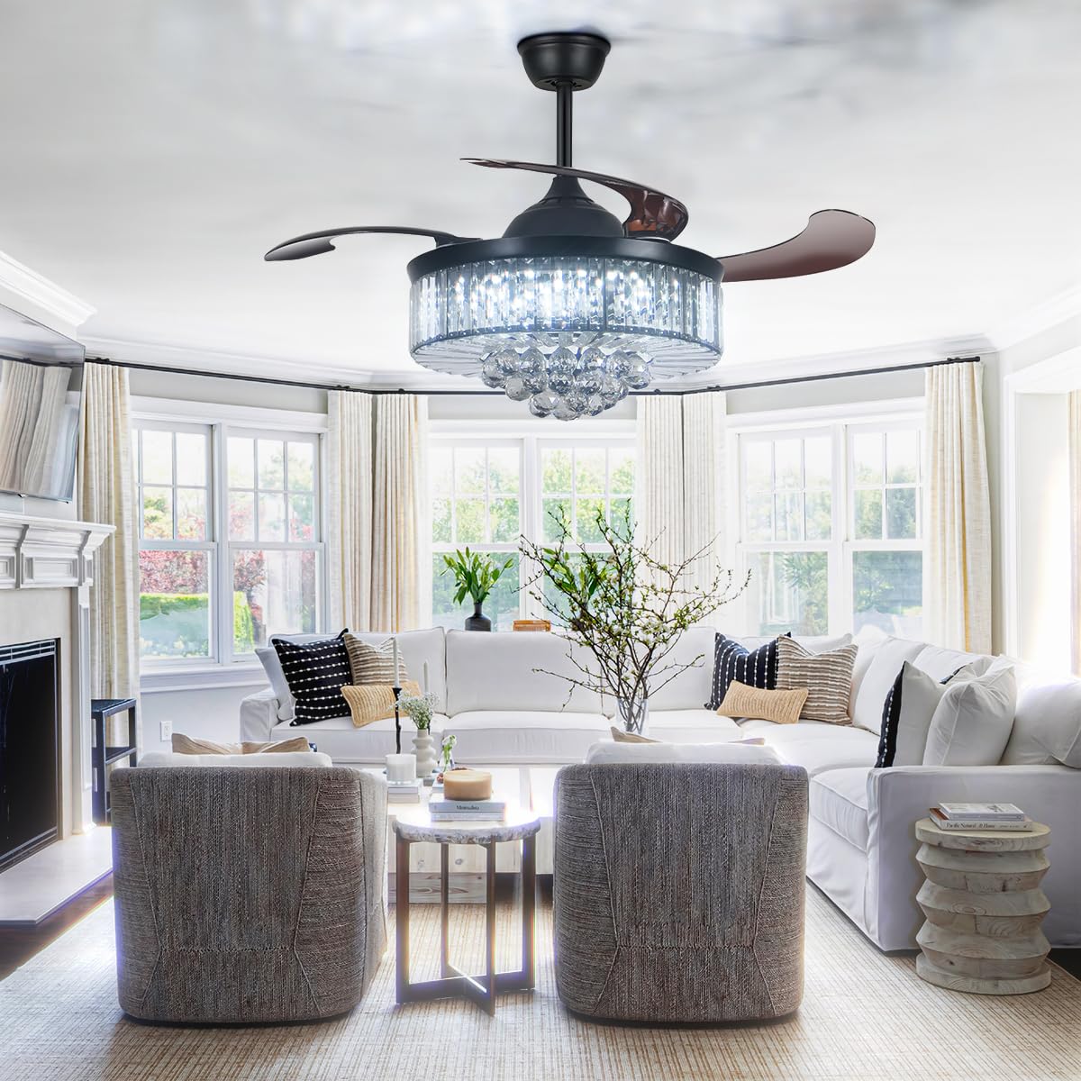 A Million 42" Crystal Ceiling Fan with Lights, Black Ceiling Fan Chandelier with Remote Control 3 Color Light and 3 Speed Change Retractable Blade