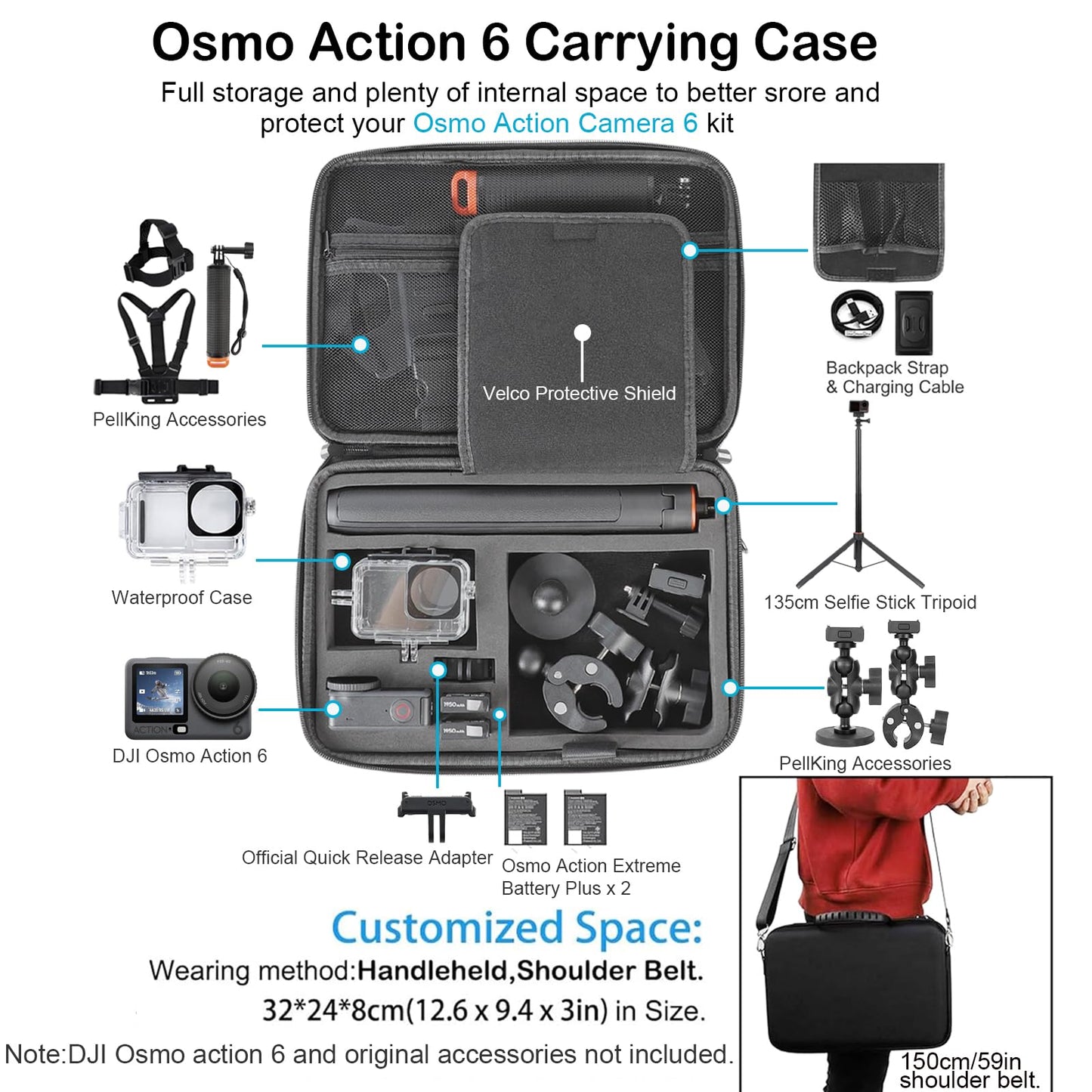 PellKing Accessories Kit for DJI Osmo Action 6,Carrying Case with Belt 135cm Selfie Stick Tripod Waterproof Housing Suction Cup Magnetic Handlebar