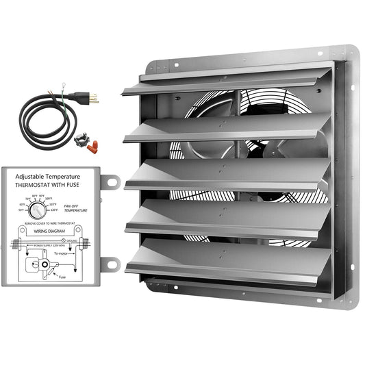 Simple Deluxe 20 Inch Wall Mounted Shutter Exhaust Fan with Temperature Controller and Power Cord Kit, Aluminum, 1200 RPM, 3368 CFM, for Attic